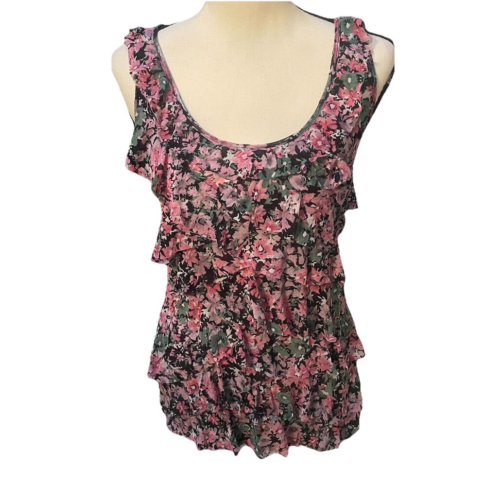 VTG 2010 Express Ruffle Front Tank Top Medium Sheer Floral Mesh Y2K Fairy Grunge